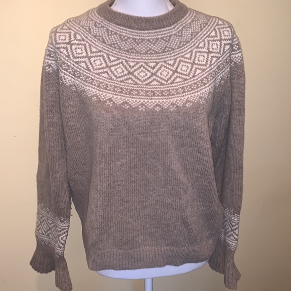 J CREW Wool Fisherman Nordic Sweater Fair Isle Ruffle Sleeve Neutral Preppy - Picture 2 of 12